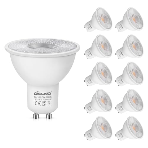 DiCUNO GU10 LED Warmweiß Lampen 5.5W, ersetzt 50W Halogenlampen, 3000K, 340LM LED Leuchtmittel, schmaler Abstrahlwinkel 45° Reflektorlampen, GU10 Spots 230V, nicht dimmbar, 10 Stück von DiCUNO