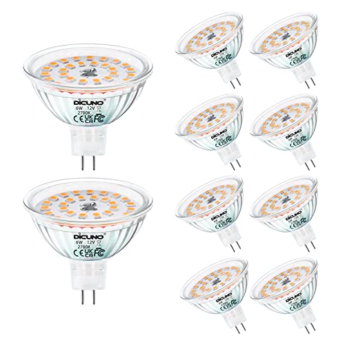 DiCUNO GU5.3 LED Lampe 6W, MR16 LED Ersatz für 70W Halogenstrahler, 530LM, Warmweiß 2700K LED Spot, 12V AC/DC, Reflektorlampe für Akzentbeleuchtung, CRI 85, nicht dimmbar, 10er Set von DiCUNO