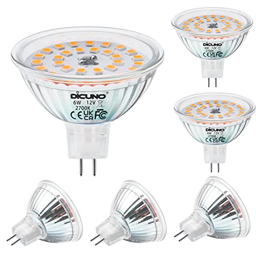 DiCUNO GU5.3 LED Lampe 6W, MR16 LED Ersatz für 70W Halogenstrahler, 530LM, Warmweiß 2700K LED Spot, 12V AC/DC, Reflektorlampe für Akzentbeleuchtung, CRI 85, nicht dimmbar, 6er Set von DiCUNO