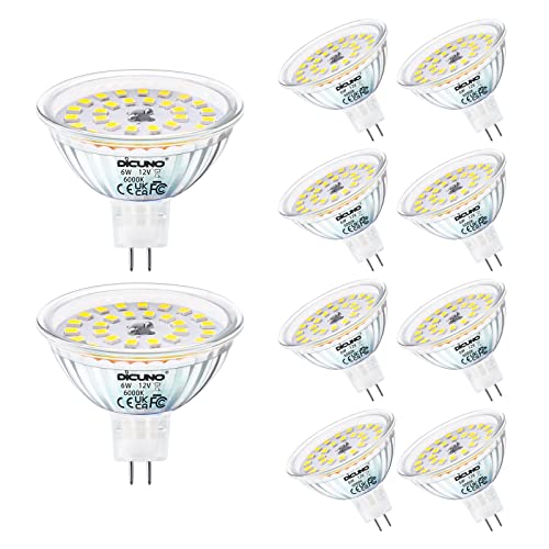 DiCUNO GU5.3 LED Lampe 6W, MR16 LED Ersatz für 70W Halogenstrahler, 610LM, Kaltweiß 6000K LED Spot, 12V AC/DC, Reflektorlampe für Akzentbeleuchtung, CRI 85, nicht dimmbar, 10er Set von DiCUNO