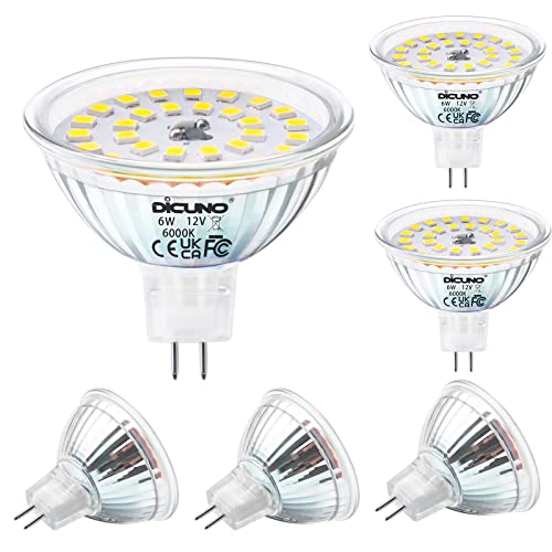 DiCUNO GU5.3 LED Lampe 6W, MR16 LED Ersatz für 70W Halogenstrahler, 610LM, Kaltweiß 6000K LED Spot, 12V AC/DC, Reflektorlampe für Akzentbeleuchtung, CRI 85, nicht dimmbar, 6er Set von DiCUNO