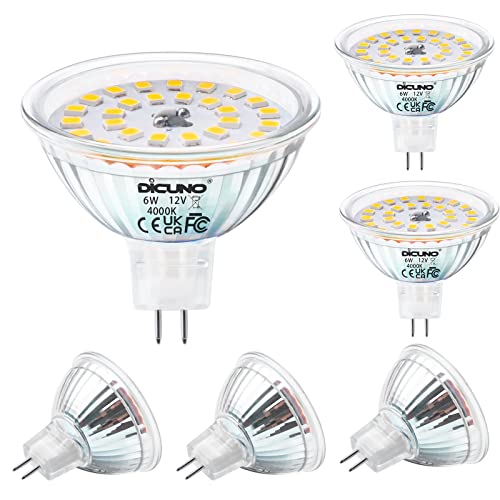 DiCUNO GU5.3 LED Lampe 6W, MR16 LED Ersatz für 70W Halogenstrahler, 580LM, Neutralweiß 4000K LED Spot, 12V AC/DC, Reflektorlampe für Akzentbeleuchtung, CRI 85, nicht dimmbar, 6er Set von DiCUNO
