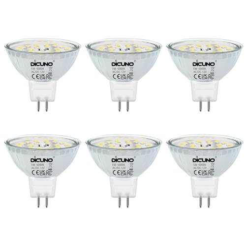 DiCUNO GU5.3 LED Lampen 5W, Ersetzt 50W Halogen Spot, Kaltweiß 6000K, MR16 Reflektor GU5.3 LED Birne 12V, 500lm, 120°Abstrahlwinkel, AC/DC LED Leuchtmittel, nicht dimmbar, 6er Pack von DiCUNO