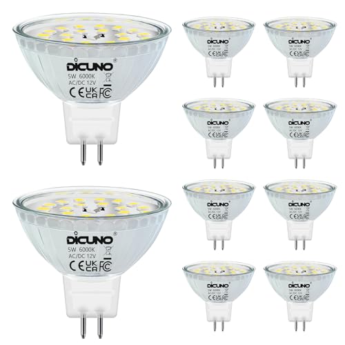 DiCUNO GU5.3 LED Lampen 5W, 12V MR16 Reflektor, Ersetzt 50W Halogen Spots, 6000K Kaltweiß, 500lm, 120°Abstrahlwinkel, LED Leuchtmittel, AC/DC, Flimmerfrei, Nicht dimmbar, 6er Pack von DiCUNO