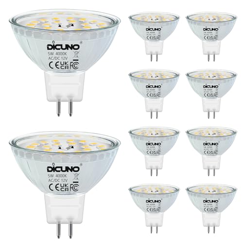 DiCUNO GU5.3 LED Lampen 5W, 12V MR16 Reflektor, Ersetzt 50W Halogen Spots, 4000K Neutralweiß, 500lm, 120°Abstrahlwinkel, LED Leuchtmittel, AC/DC, Flimmerfrei, Nicht dimmbar, 10er Pack von DiCUNO