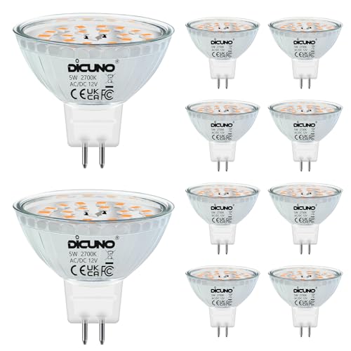 DiCUNO GU5.3 LED Lampen 5W, 12V MR16 Reflektor, Ersetzt 50W Halogen Spots, 2700K Warmweiß, 440lm, 120°Abstrahlwinkel, LED Leuchtmittel, AC/DC, Flimmerfrei, Nicht dimmbar, 10er Pack von DiCUNO