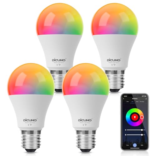 DiCUNO Alexa Glühbirne E27, smarte Lampe 9W, WLAN Birne Warmweiß, Kaltweiß, RGBCW Farbwechsel per App steuerbar, kompatibel mit Alexa/Echo, Google Home, kein Hub erforderlich, 4er Set von DiCUNO