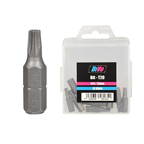 Torx Schrauber-Bit T20, 25mm Länge (Torx Bits, CrV, Bit Spender-Box 10 Stk. 1/4" Außensechskant) von DiVo