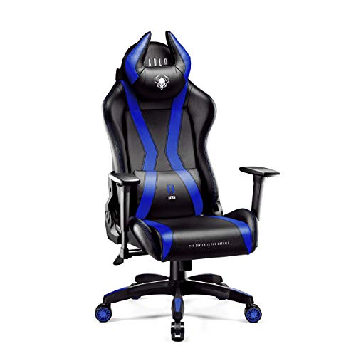 Diablo Anpassbarer Gaming Stuhl Ergonomisch X-Horn 2.0 | Verstellbare Rücken-, Sitz- und Armlehnen | Nacken-/Lendenkissen, Eco Lederpolsterung | Ergonomischer Gamer Stuhl | Normal (L) | Schwarz-Blau von Diablo