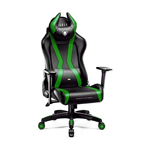 Diablo X-Horn 2.0 Gaming Stuhl Bürostuhl | Personalisiertes Nackenkissen | Verstellbare Rücken-, Sitz- und Armlehnen | Nacken-/Lendenkissen | Kunstlederpolsterung | Normal (L) | Schwarz-Grün von Diablo