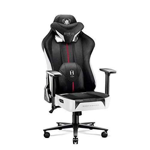 Diablo X-Player 2.0 Gaming Stuhl Bürostuhl Gamer Chair Stoff 3D Armlehnen Ergonomisches Design Nacken/- Lendenkissen Wippfunktion Weiß-Schwarz Normal (L) von Diablo