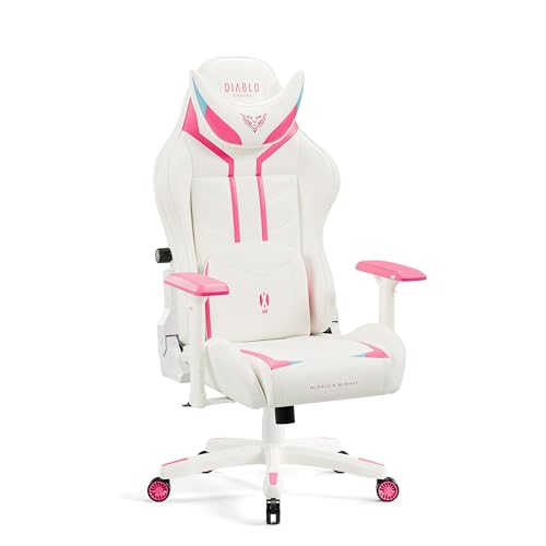 Diablo X-Ray Gaming Stuhl Bürostuhl Schreibtischstuhl 3D Armlehnen Ergonomisches Design HQ Kunstleder Perforation Wippfunktion Pink-Weiß Normal (L) von Diablo