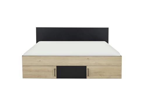 Bett mit Ablageflächen, 160 x 200 cm, Swivel – Spanplatten – Französisches Produkt – Schwarz und helles Holz – Industrie – für Schlafzimmer – L180 x T209 x H80 cm Braun von Diagone