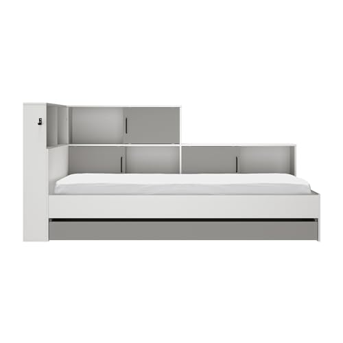 Diagone Bett mit Stauräumen 90 x 200 cm – Erwan – Spanplatten – Weiß und Grau – modern Schlafzimmer – L221 x T120 x H104 cm von Diagone