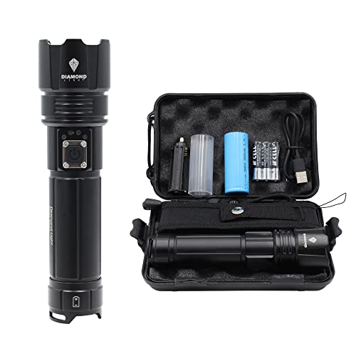 Diamond Light ® Taschenlampe LED Neuheit 2023, FULL SET, 10000 Lumen, XHP 70LED, 5 Modis, Wasserdicht IPX4, 26650 Akku, Batterien, Ladegerät und eine Outdoor Tasche! von Diamond Light