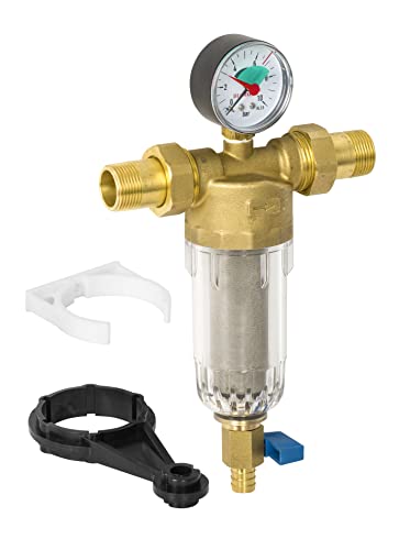 Diamond - Set Mechanischer Rückspülfilter I inkl. Manometer I 3/4 Zoll I Filterfeinheit 100 μm I Filteroberteil aus Messing I Wasserfilter mit Manometer I Verhindert das Einspülen von Fremdkörpern von Diamond