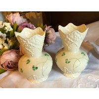 Belleek, Ein Paar Vasen Verziert Mit Handbemalten Shamrocks, Parian Ware, Sammlerstück von DianaVintageEmporium