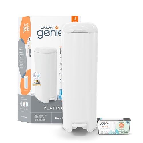 Diaper Genie Platinium – Seau à Couches Anti-Odeurs | Acier Inoxydable | Grande Capacité 47 Couches | Recharge Durable Jusqu’à 5 Mois | Ouverture Large & Pédale Pratique - White von Diaper Genie