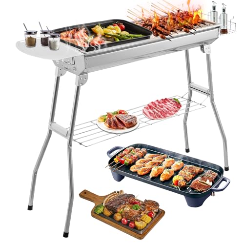 Dibaful 100cm Doppelgrill Holzkohlegrill Tragbarer Klappgrill Grill Grillrost für Garten Camping Terrasse | Kohlegrill Portable Picknickgrill Edelstahl BBQ Holzkohle Charcoal Campinggrill von Dibaful