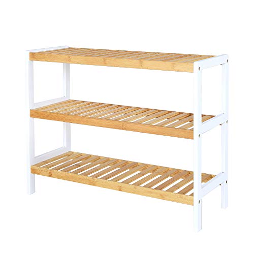 dibea Schuhregal mit 3 Ablagefächern Schuhschrank Bambusregal Standregal Küchenregal Wohnzimmerregal 70x26x55 cm, naturfarben/weiß von Dibea