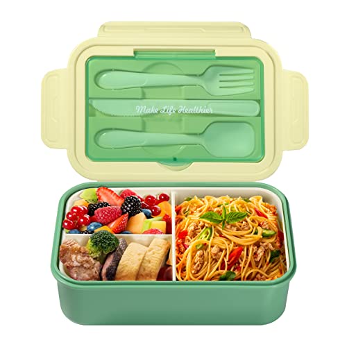 Diboniur Brotdose, Lunchbox mit Fächern Besteck Kinder Erwachsene 1400ML Bento Box für Mikrowelle, Spülmaschine, Schule, Picknick, Arbeit (Grün) von Diboniur