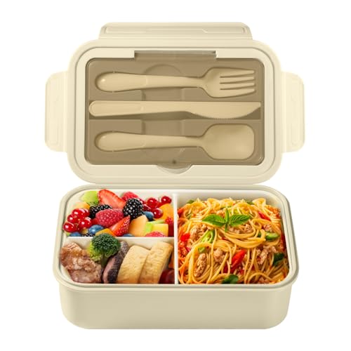 Diboniur Brotdose Lunchbox mit Fächern Besteck Kinder Erwachsene 1400ML Bento Box für Mikrowelle, Spülmaschine, Schule, Picknick, Arbeit (Khaki) von Diboniur
