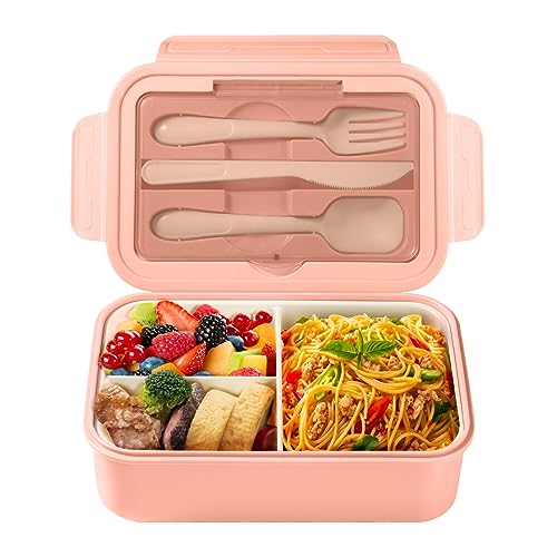 Diboniur Lunchbox Brotdose mit Fächern Besteck Kinder Erwachsene 1400ML Bento Box Arbeit Mikrowellengeeignet (Rosa) von Diboniur