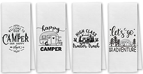 Dibor Happy Camper Lustige Camping-Küchentücher, Geschirrtücher, 4er-Set, Campingplatz-Kabine, Wohnmobil, dekorativ, saugfähig, Trockentuch, Handtücher, Camper, Geschenke von Dibor