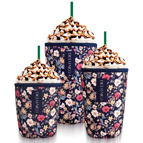 Diceaynico Becherhülle, 3er-Set Wiederverwendbare Becherkühler in 3 Größen für heiße und kalte Getränke 16–32oz – Dunkles Blumenmuster von Diceaynico