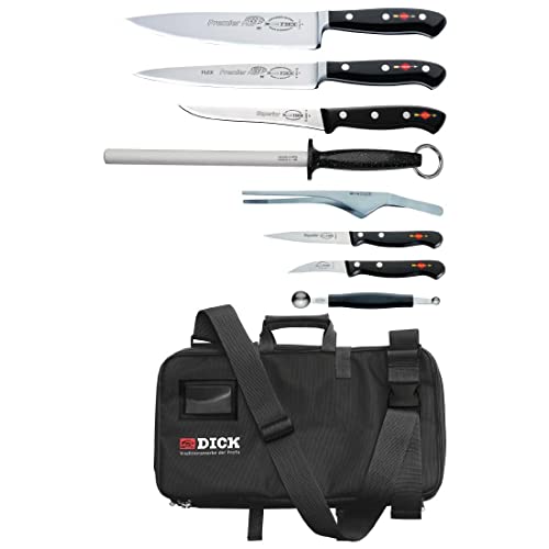 F. DICK Culinary Bag 8-teilig (inkl. Küchenmesser, Fruchtausstecher + Wetzstahl, für bis zu 34 Messer, Textilstoff abwaschbar, Maße 48x25 cm) 81017900, Schwarz von F. DICK