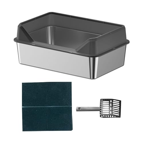 Dickly 3 Stück Katzentoilette Katzenklo Streuschale Katzenwanne Aus Edelstahl mit Hohem Rand Gegen Spritzer für Große Und Kleine Katzen Im Innenbereich, Schwarz, 50x35x10cm von Dickly