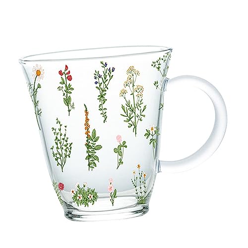 Dickly Glastasse, Teetasse mit Großem Griff, Pflanzen Und Blumenmuster, Espressotasse, Glas, Hitzebeständig, Borosilikatglas, Vielseitig Einsetzbar, 300 ml von Dickly