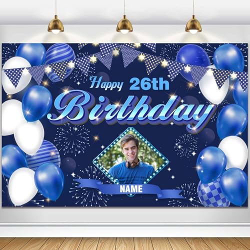 Dicodes Benutzerdefinierte Happy Birthday Dekoration Banner Persönlichkeit Happy Birthday Party Dekorationsartikel mit Namen mit Fotos für Männer und Frauen(Marine Blue Grid) von Dicodes