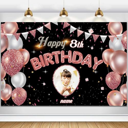 Dicodes Benutzerdefinierte Happy Birthday Dekoration Banner Persönlichkeit Happy Birthday Party Dekorationsartikel mit Namen mit Fotos für Männer und Frauen(Schwarzer rosa Ballon) von Dicodes