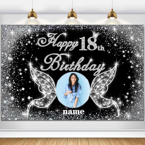 Dicodes Benutzerdefinierte Happy Birthday Dekoration Banner Persönlichkeit Happy Birthday Party Dekorationsartikel mit Namen mit Fotos für Männer und Frauen(Schwarzer silberner Schmetterling) von Dicodes