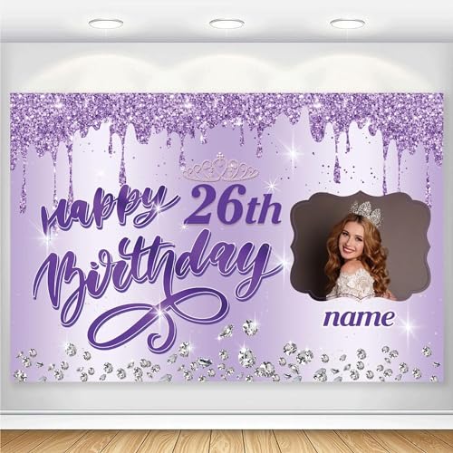 Dicodes Benutzerdefinierte Purple Happy 26. Birthday Banner für Frauen Queen Happy Birthday Hintergrund Personalisierte Namen und Fotos schmücken(26.Geburtstag) von Dicodes