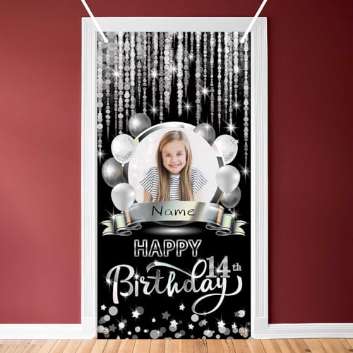 Dicodes Benutzerdefinierte Schwarz und Silber Happy 14. Birthday Portal Banner Geburtstagsdekorationen Party Lieferungen Männer und Frauen mit Fotos(14.Geburtstag) von Dicodes
