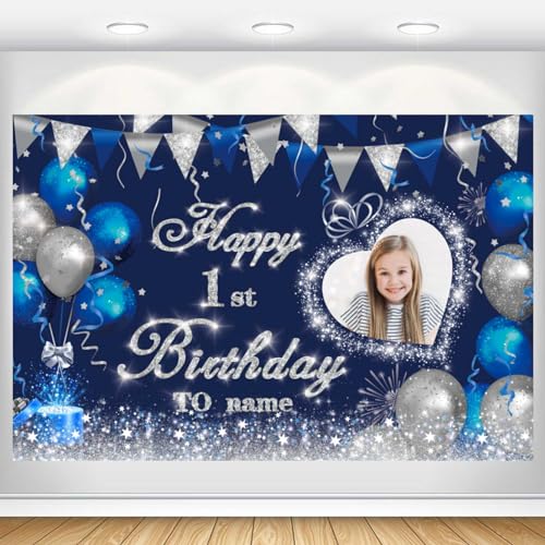 Dicodes Benutzerdefiniertes Navy Blue und Silver Theme Happy 1. Birthday Banner Party Flaggen Happy Birthday Hintergrund Dekoration Personalisieren Sie Namen und Fotos(1.Geburtstag) von Dicodes