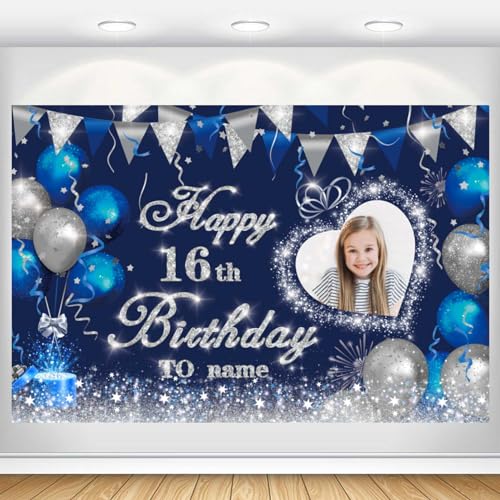 Dicodes Benutzerdefiniertes Navy Blue und Silver Theme Happy 16. Birthday Banner Party Flaggen Happy Birthday Hintergrund Dekoration Personalisieren Sie Namen und Fotos(16.Geburtstag) von Dicodes