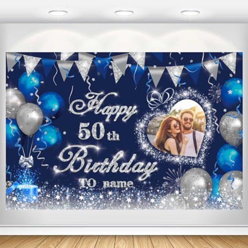 Dicodes Benutzerdefiniertes Navy Blue und Silver Theme Happy 50. Birthday Banner Party Flaggen Happy Birthday Hintergrund Dekoration Personalisieren Sie Namen und Fotos(50.Geburtstag) von Dicodes