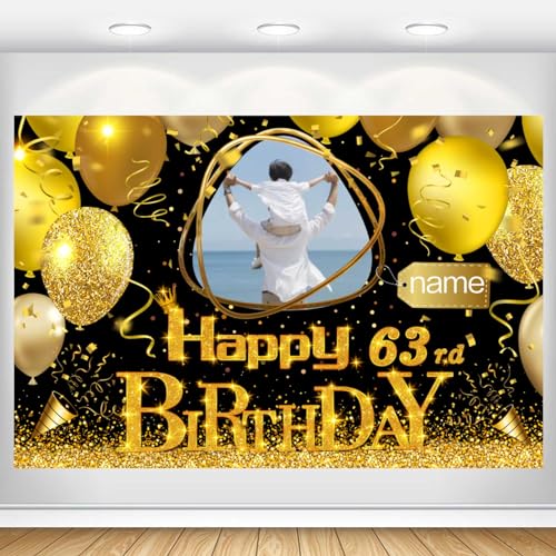 Dicodes Benutzerdefiniertes Schwarzgold-Theme 63. Geburtstag Banner für Party Happy Birthday Hintergrund Dekoration personalisiert mit Name und Foto(63.Geburtstag) von Dicodes
