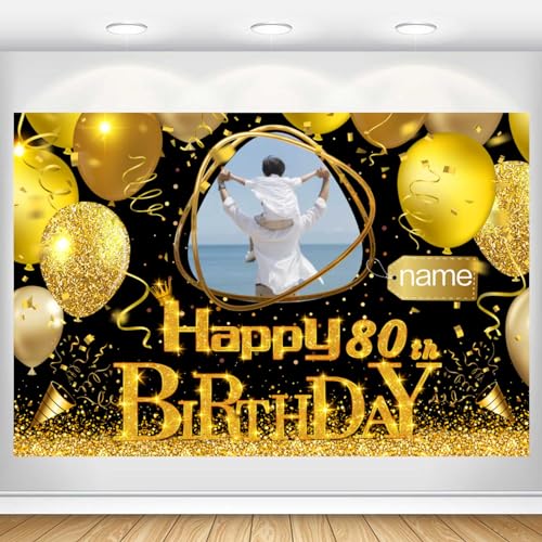 Dicodes Benutzerdefiniertes Schwarzgold-Theme 80. Geburtstag Banner für Party Happy Birthday Hintergrund Dekoration personalisiert mit Name und Foto(80.Geburtstag) von Dicodes