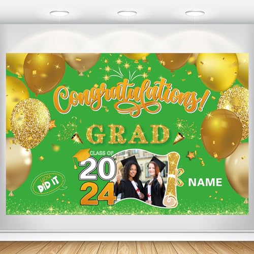 Dicodes Personalisierte Graduation Banner mit Foto 2024 Glückwunsch Grad Photo Booth Hintergrund Benutzerdefinierte Party Supplies Dekorationen(Hellgrün und Gold) von Dicodes