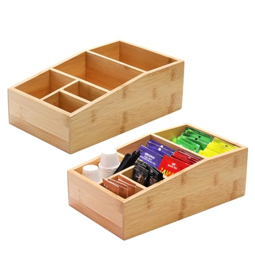 Dicunoy 2 Stück Bambus Teebox, Teebeutel Aufbewahrung aus Holz,Heißer Teebeutel Schublade OrganizerHalter mit 5 Fächern,Teekiste für Kaffee, Zuckerpaket, Süßstoffe, kleine Pakete von Dicunoy