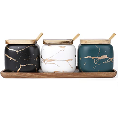 Dicunoy Gewürzgläser Set, 3 Set Salz und Zuckerbehälter aus Keramik, Gewürzgläser mit Deckel und Löffeln, Marmor Gewürztöpfe Schüssel, Pfefferkeller mit Holztablett Dicunoy Gewürzgläser Set, 3 Set Salz und Zuckerbehälter aus Keramik, Gewürzgläser mit Deckel und Löffeln, Marmor Gewürztöpfe Schüssel, Pfefferkeller mit Holztablett von Dicunoy