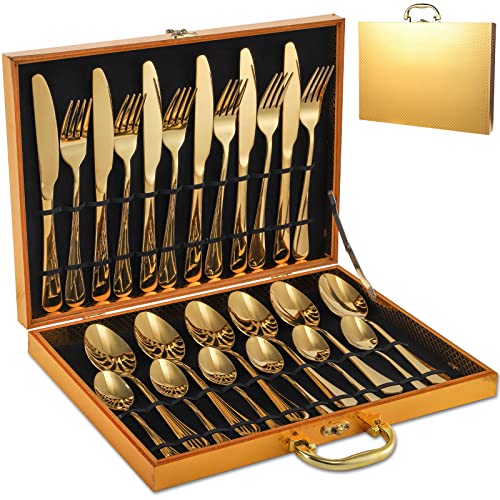 Dicunoy Gold Besteck Set, 24teiliges Gabeln und Löffel Set Gold,Edelstahl vergoldet Besteck Utensilien mit Aufbewahrungskoffer für Hochzeit Festival Weihnachten Party Abendessen Tabelle, Service von 6 von Dicunoy