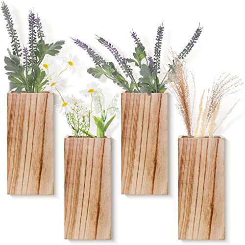 Didaey 4 Stück Holzwand-Pflanzgefäße für Zimmerpflanzen, hängende Wand-Pflanzgefäß, Wandpflanzenhalter, Wandvasen für Blumen, Holz, Pflanzen für künstliche getrocknete Pampas, Glasdekoration von Didaey