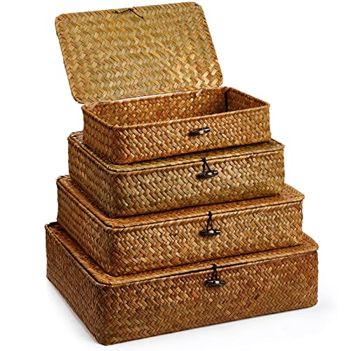 Didaey Set mit 4 Seegras-Körben mit Deckel, Weidenkorb, dekorative Aufbewahrungsboxen mit Deckel, flache Aufbewahrungskörbe, gewebte Organizer-Körbe für Regal, Schrank, Schlafzimmer, 4 Größen (braun) von Didaey