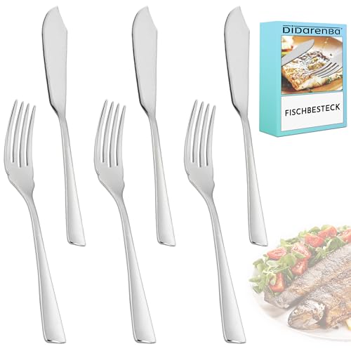 Fischbesteck 6 Stück aus poliertem Edelstahl mit 3 Stück fischmesser und 3 Stück Fischgabeln Fischbesteck 6 Stück aus poliertem Edelstahl mit 3 Stück fischmesser und 3 Stück Fischgabeln von Didarenba