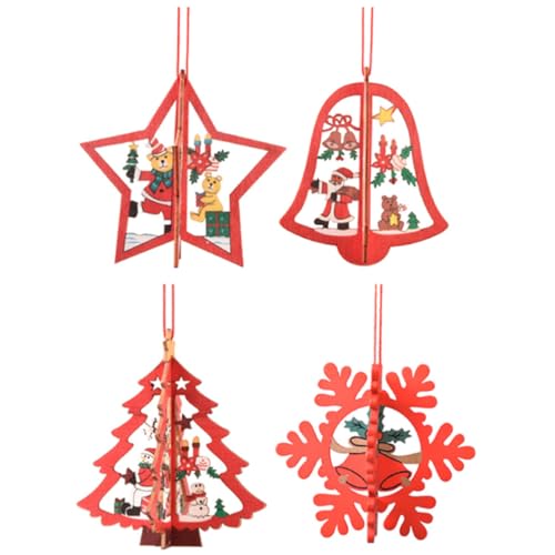 Didiseaon Christbaumschmuck Weihnachtsbaum-Holzornamente 4 Stück 3D-Weihnachtsbaumschmuck Weihnachts-Holzanhänger Hängende Weihnachtsdekorationen Feiertags-Partyzubehör Hängende Ornamente von Didiseaon